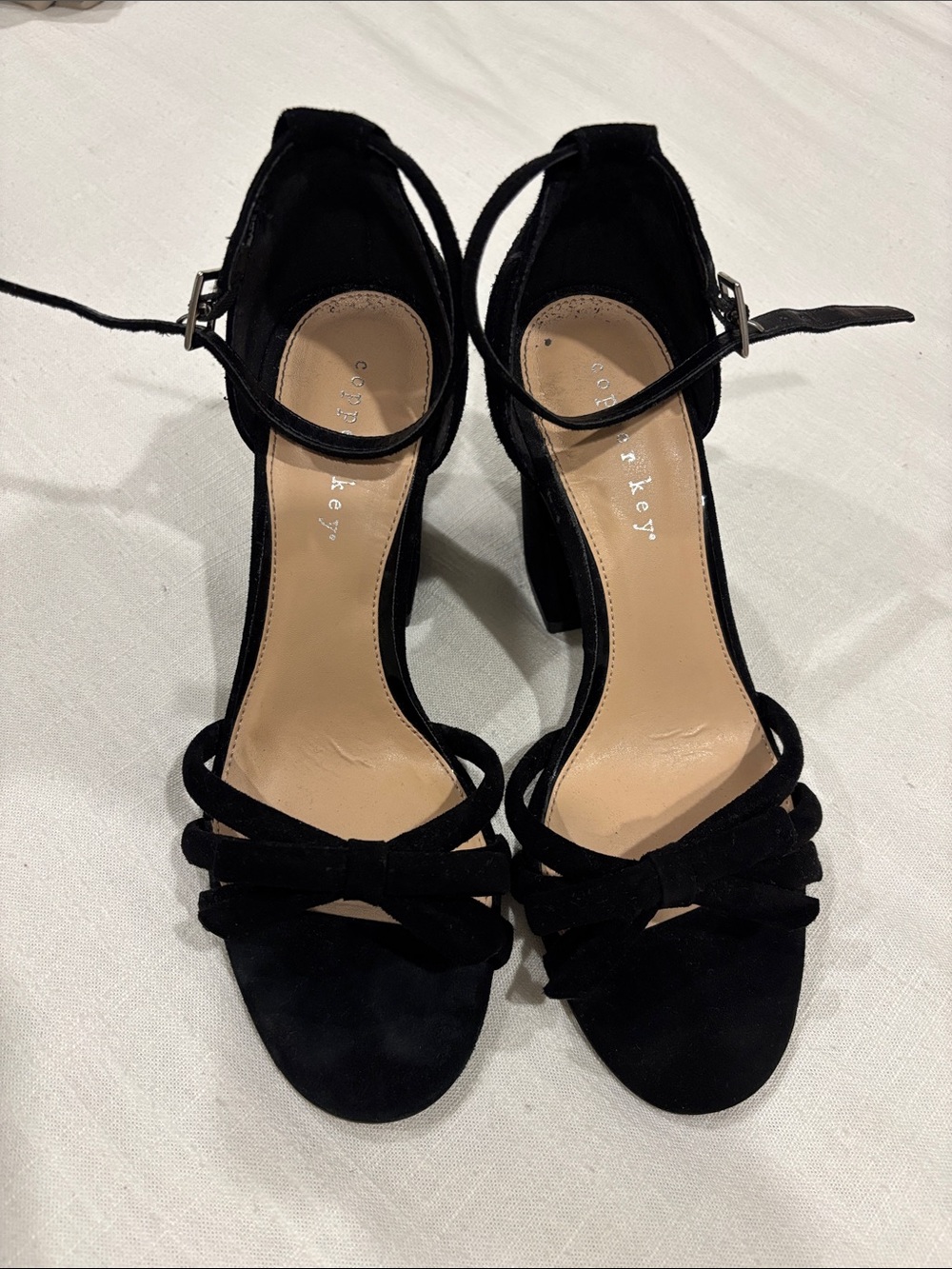 Copper Key Black Suede Ankle-Strap Block Heel Bow Heels